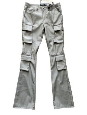 R3bêl Faux Leather Cargo Pants Gray Flare Leg Y2K Moto Men's Size 28 NWT
